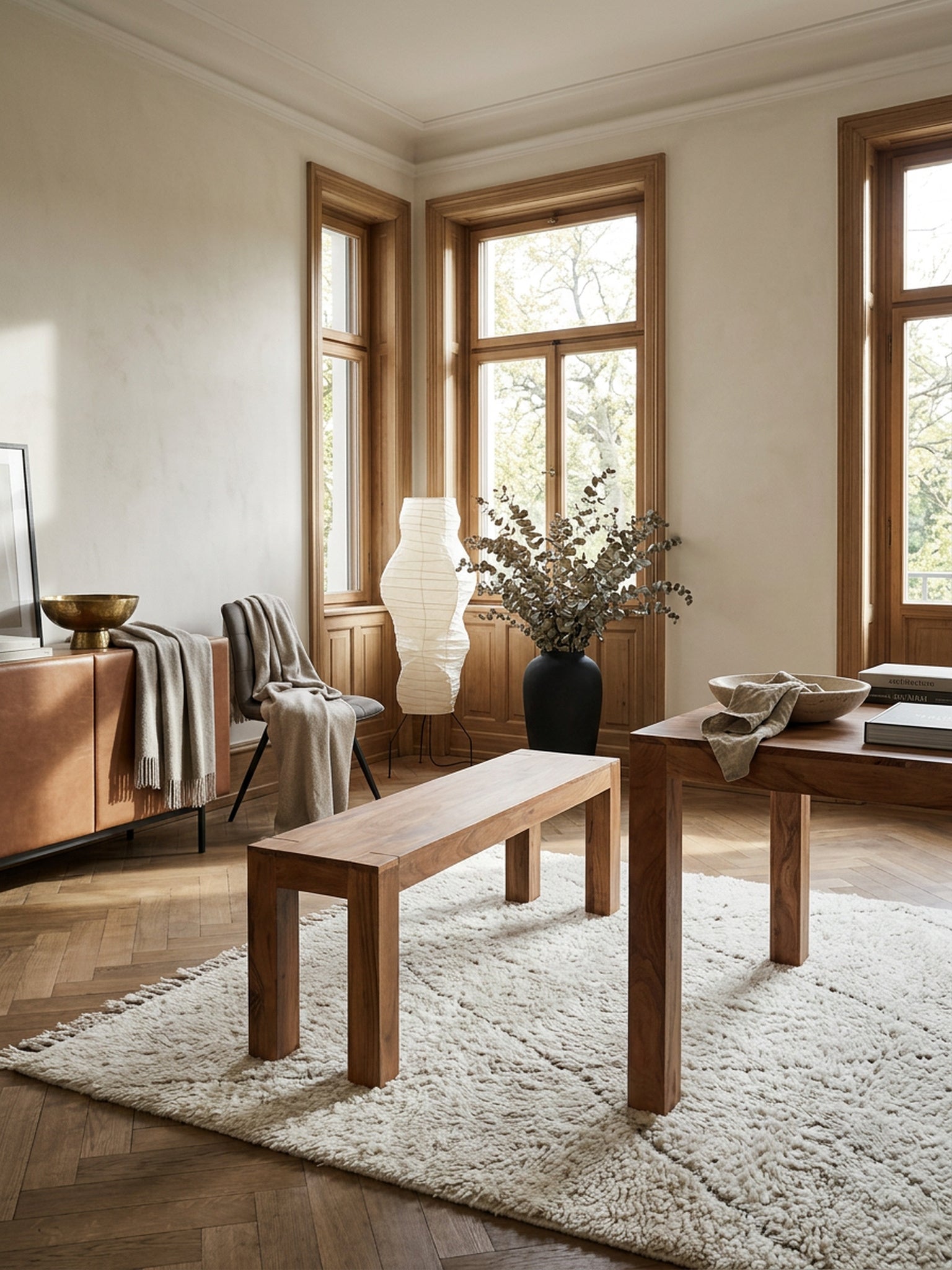 Sitzbank Beige – Massivholz & gepolstert