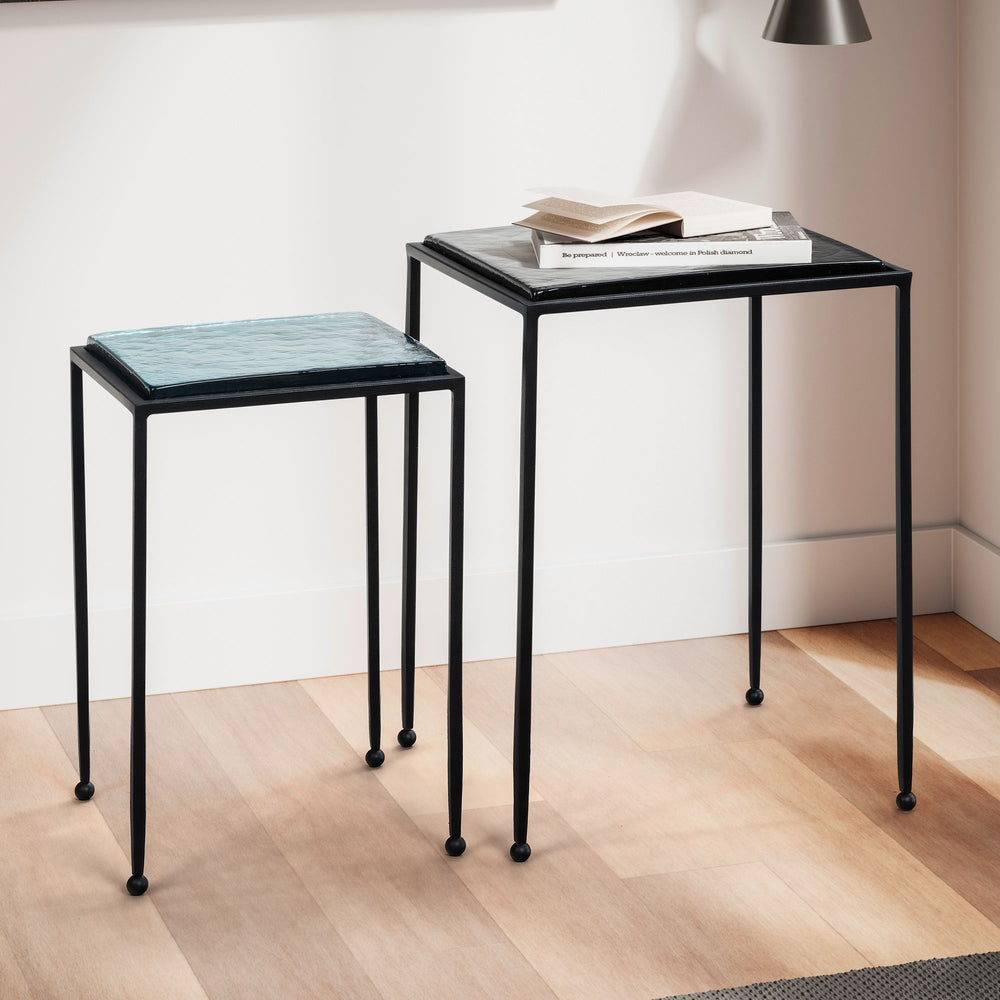Beistelltisch 2er Set Blau Schwarz Design Satztisch Glas Metall Eckig - Wohnzimmertisch Modern - Ausgefallener Couchtisch Quadratisch - Sofatisch 2-teilig abnehmbare Tischplatte_