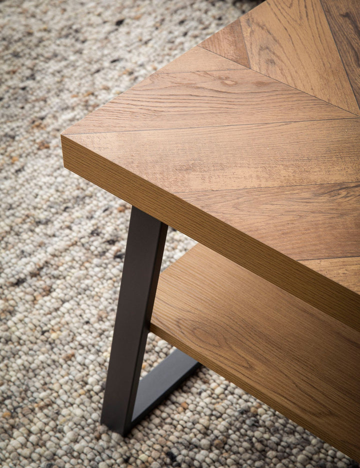 Couchtisch 100x40x41 cm Sofatisch Braun mit Fischgrät-Muster - Design Wohnzimmertisch Rechteckig - Loungetisch Modern mit Ablage - Kaffeetisch mit Metallgestell_