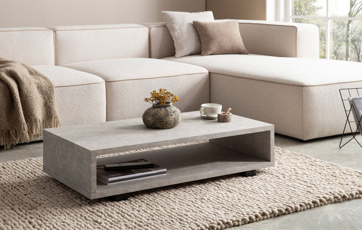 Couchtisch 100x50x25 cm Sandfarben Sofatisch in Stein-Optik Modern - Design Wohnzimmertisch Rechteckig mit Stauraum - Loungetisch Schlicht - Kaffeetisch Groß_