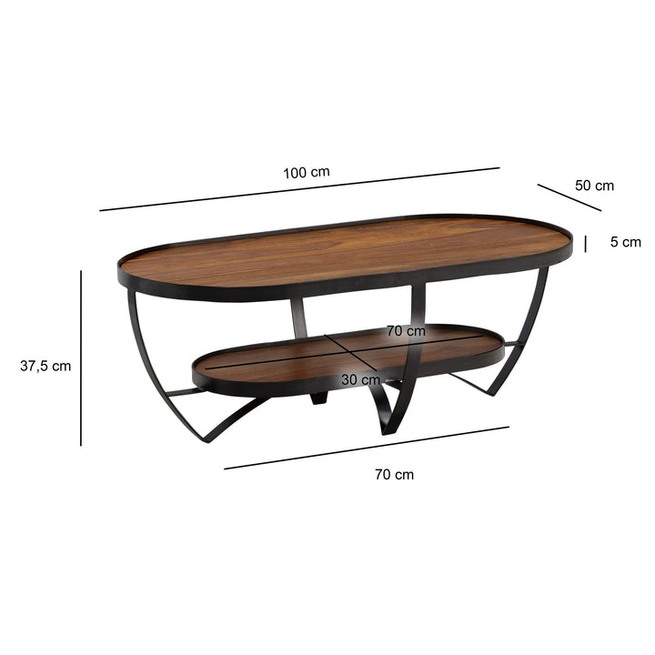 Couchtisch Massivholz Metall Oval mit Stauraum 100x50x37-5 cm - Moderner Wohnzimmertisch_
