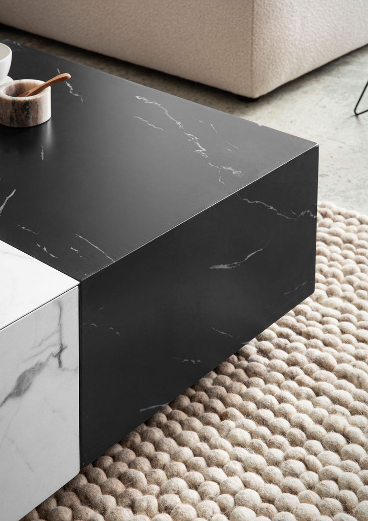 Couchtisch 120x60x28 cm Weiß Schwarz Sofatisch in Marmor-Optik Modern - Wohnzimmertisch Niedrig Rechteckig mit Schubladen - Loungetisch Stauraum - Kaffeetisch Groß_