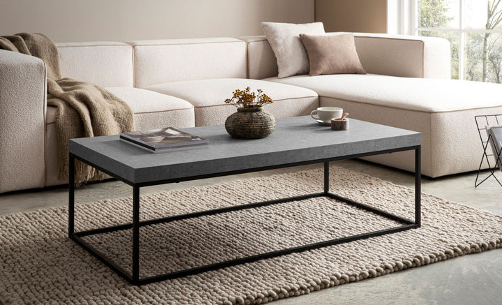 Couchtisch 120x60x38 cm Sandfarben Sofatisch in Stein-Optik Modern - Design Wohnzimmertisch Rechteckig - Loungetisch  - Kaffeetisch Metallbeine Groß_