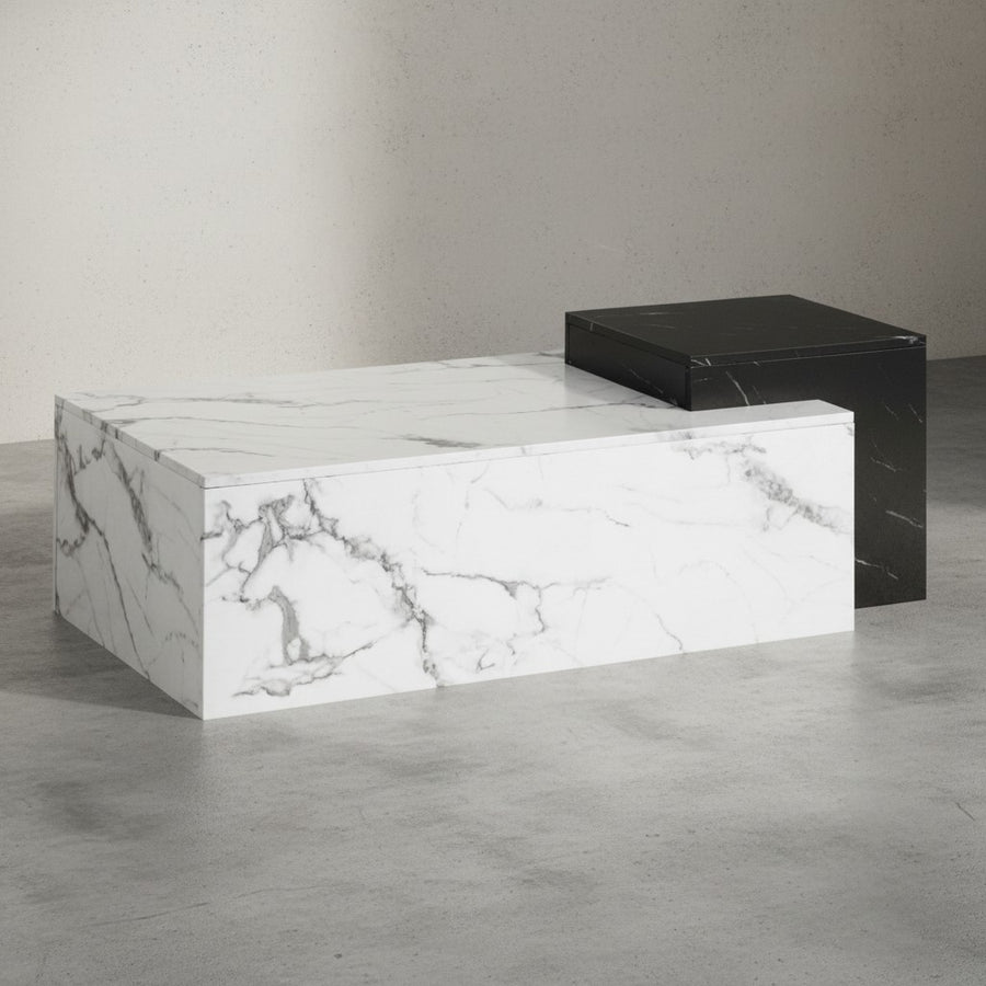 Couchtisch 120x60x40 cm Weiß Schwarz Sofatisch in Marmor-Optik Modern - Design Wohnzimmertisch Rechteckig - Loungetisch zwei Ebenen - Kaffeetisch Groß_