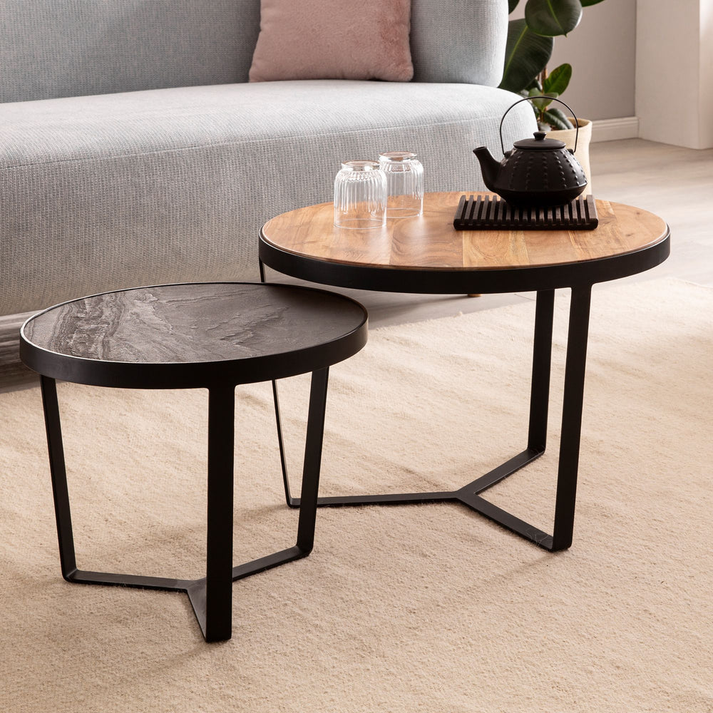 Couchtisch 2er Set Akazie Massivholz / Steinoptik Wohnzimmertisch Rund - Satztisch mit Metallgestell - Kaffeetisch Modern - Sofatisch Verschachtelungstisch 2-teilig Braun / Anthrazit_