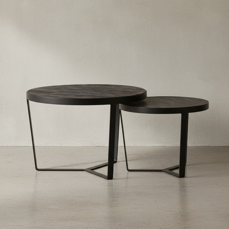 Couchtisch 2er Set Akazie Massivholz / Steinoptik Wohnzimmertisch Rund - Satztisch mit Metallgestell - Kaffeetisch Modern - Sofatisch Verschachtelungstisch 2-teilig Schwarz / Anthrazit_