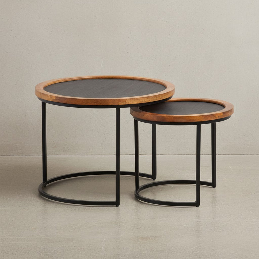 Couchtisch 2er Set Mango Massivholz / Steinoptik Wohnzimmertisch Rund - Satztisch mit Metallgestell - Kaffeetisch Modern - Sofatisch Verschachtelungstisch 2-teilig Braun / Anthrazit_