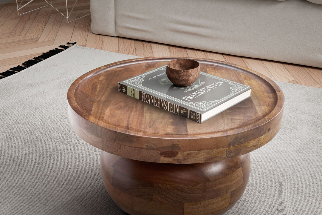 Couchtisch 50x50x30-5 cm Mango Massivholz Walnussfarben Sofatisch Rund - Design Wohnzimmertisch Niedrig - Kaffeetisch Wohnzimmer Modern mit natürlicher Holzmaserung_