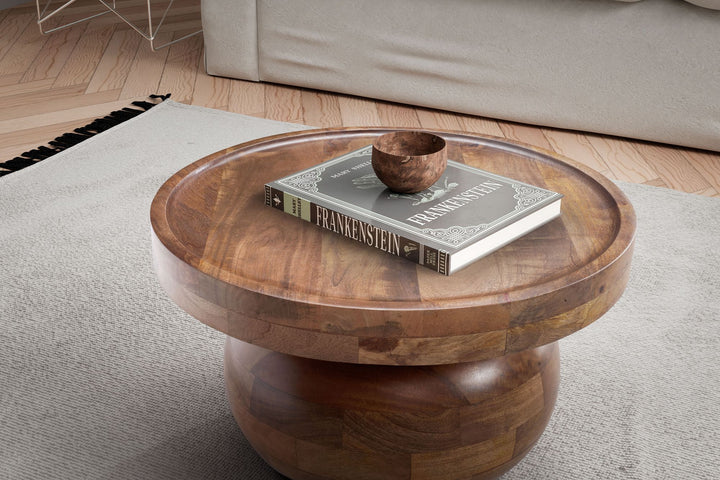 Couchtisch 50x50x30-5 cm Mango Massivholz Walnussfarben Sofatisch Rund - Design Wohnzimmertisch Niedrig - Kaffeetisch Wohnzimmer Modern mit natürlicher Holzmaserung_