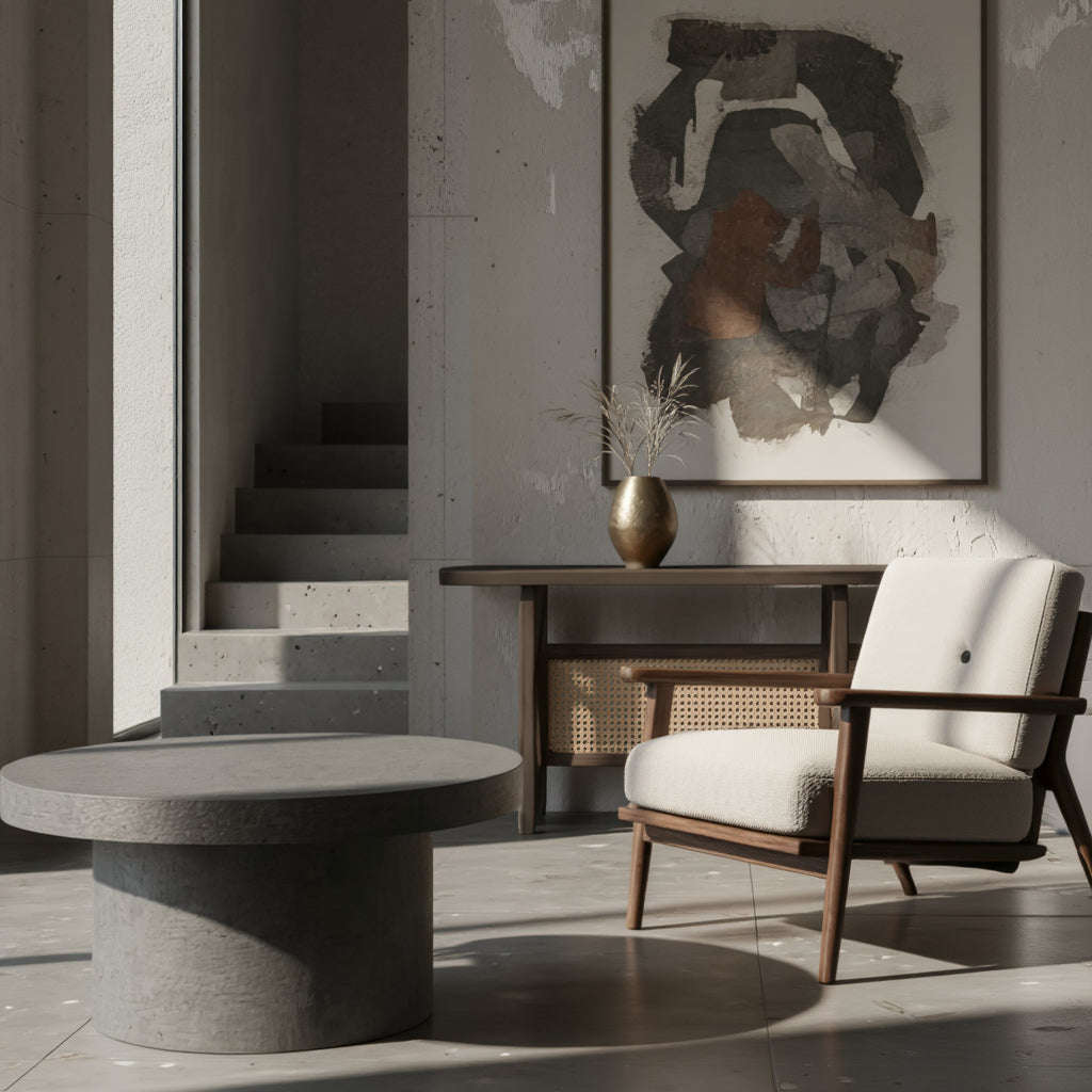 Design-Couchtisch in Stein-Optik mit gemütlichem Lounge-Sessel und Kunst an Betonwand _