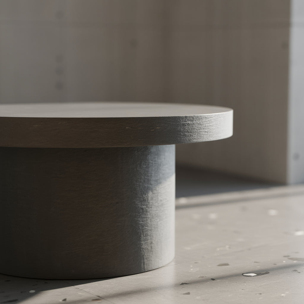 Runder Couchtisch in Beton-Optik mit zylindrischem Fuß im modernen Interieur _