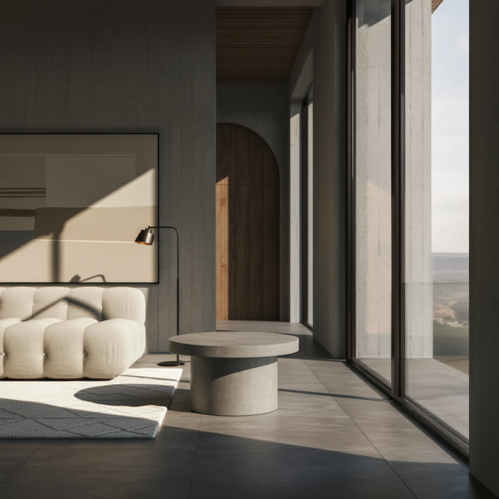 Moderner runder Couchtisch in Stein-Optik im minimalistischen Wohnzimmer mit Sessel und Lampe _