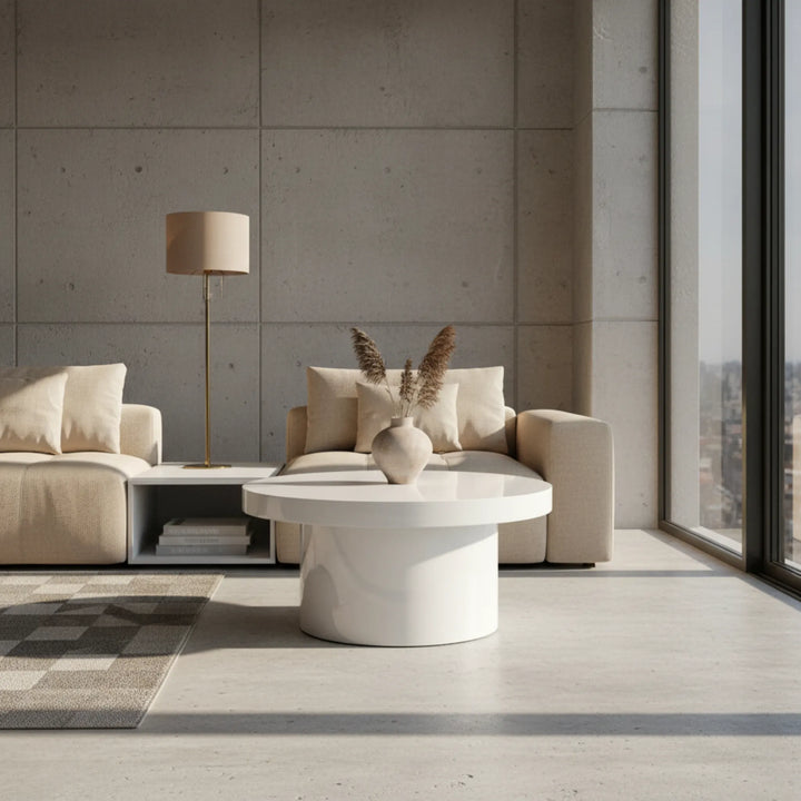 Wohnraum mit beigem Sofa und weißem runden Couchtisch aus MDF in Hochglanzoptik
