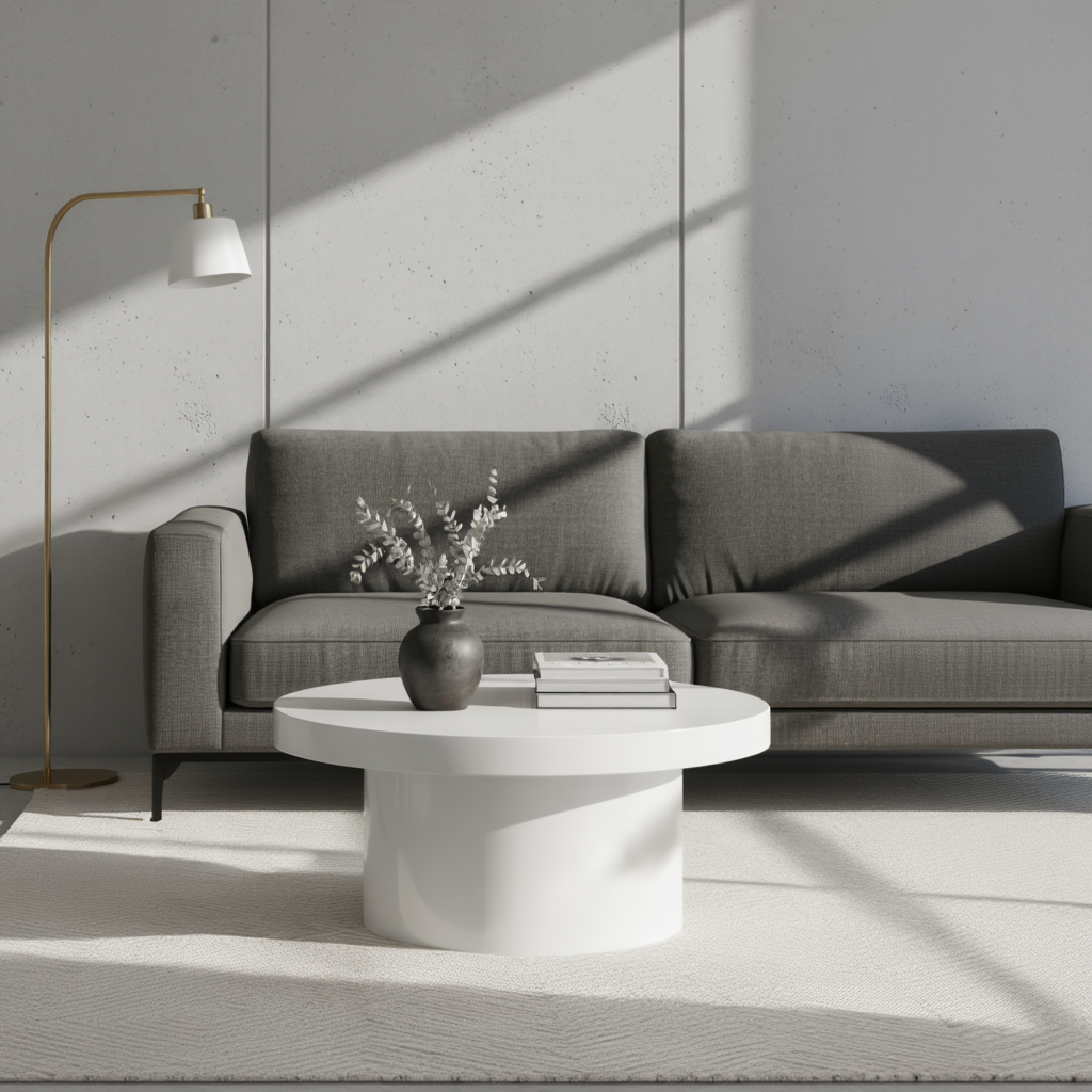 Eleganter Wohnbereich mit Couchtisch in Weiß Hochglanz und modernen Accessoires