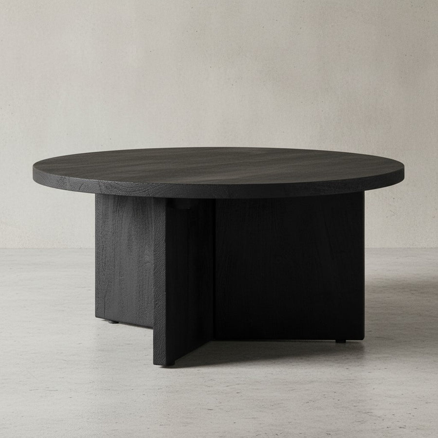 Couchtisch 60x60x33 cm Mango Massivholz Schwarz Sofatisch Rund - Design Wohnzimmertisch Dreibein - Kaffeetisch Wohnzimmer Niedrig Modern mit natürlicher Holzmaserung_