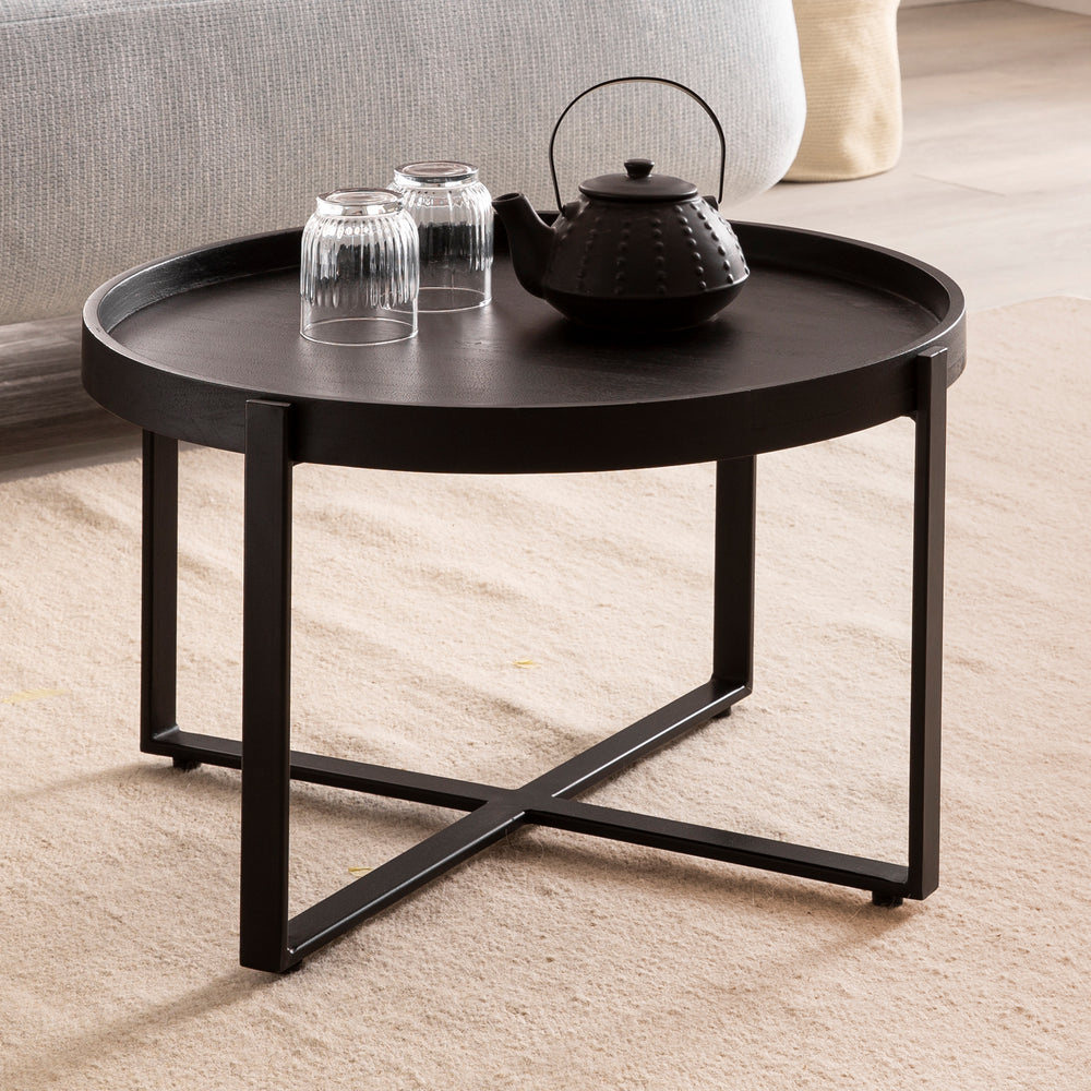 Couchtisch 60x60x35 cm Mango Massivholz / Metall Schwarz Sofatisch Rund - Design Wohnzimmertisch mit erhöhtem Rand - Industrial Kaffeetisch Wohnzimmer Modern_