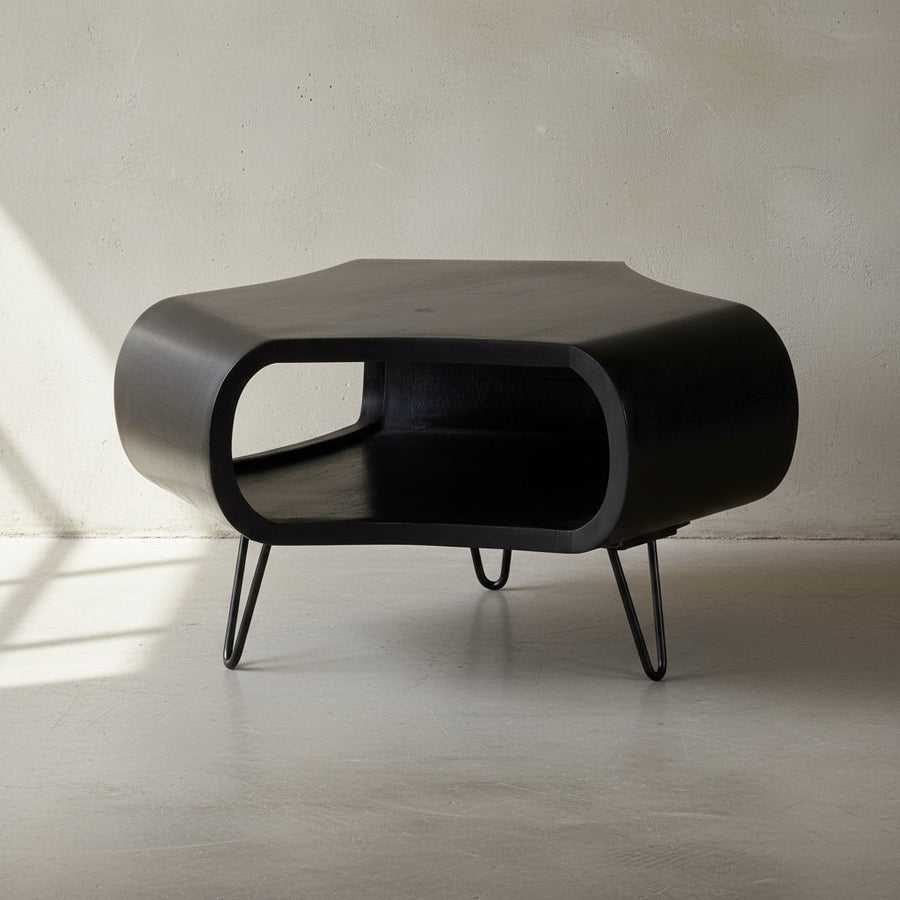 Couchtisch 60x60x35 cm Mango Massivholz Metall Schwarz Sofatisch - Design Wohnzimmertisch Organisch mit Stauraum - Kaffeetisch Massiv - Kleiner Tisch Wohnzimmer mit Haarnadelbeine_
