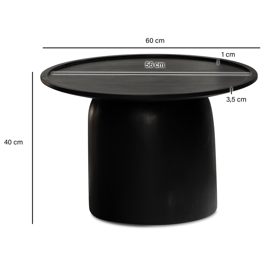 Couchtisch 60x60x40 cm Mango Massivholz Schwarz Sofatisch Rund - Design Wohnzimmertisch mit erhöhtem Rand - Kaffeetisch Wohnzimmer Modern mit Trommelgestell_
