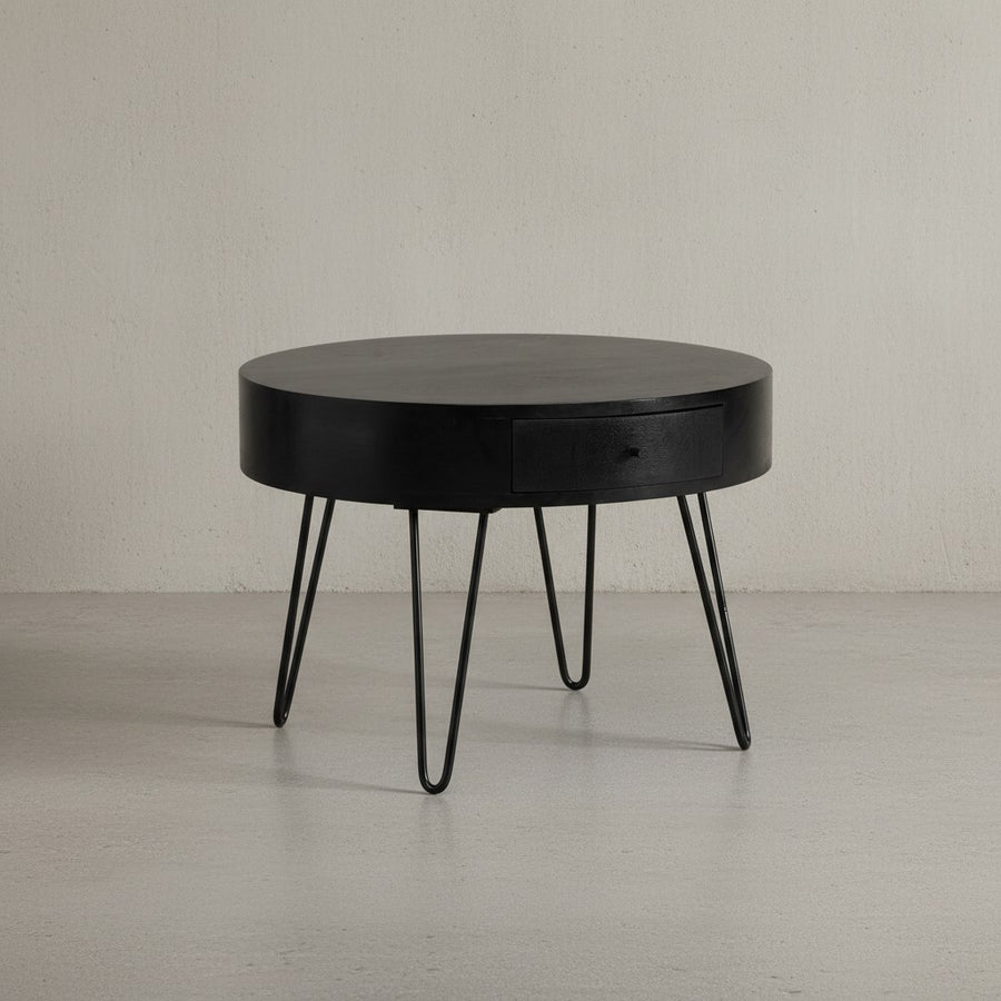 Couchtisch 60x60x43 cm Mango Massivholz Metall Sofatisch - Design Wohnzimmertisch Rund mit Schublade - Kaffeetisch Stauraum Massiv - Kleiner Tisch Wohnzimmer Haarnadelbeine_