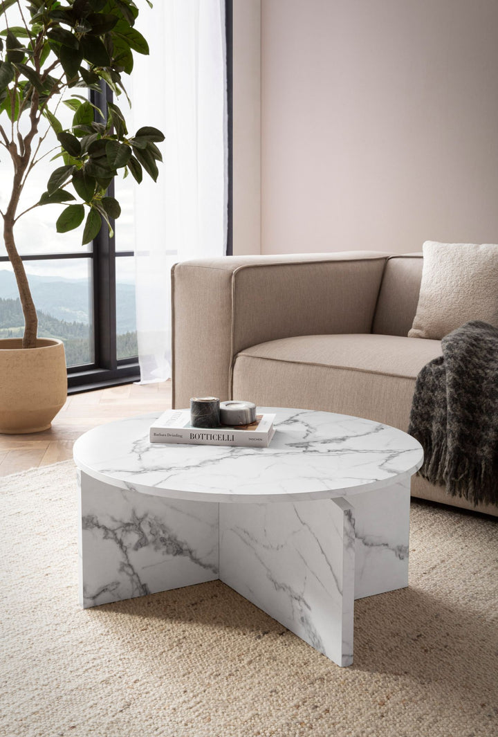 Couchtisch 70x70x33 cm Sandfarben Sofatisch in Stein-Optik Modern - Design Wohnzimmertisch Rund - Lounge  - Kaffeetisch Beistelltisch Groß_