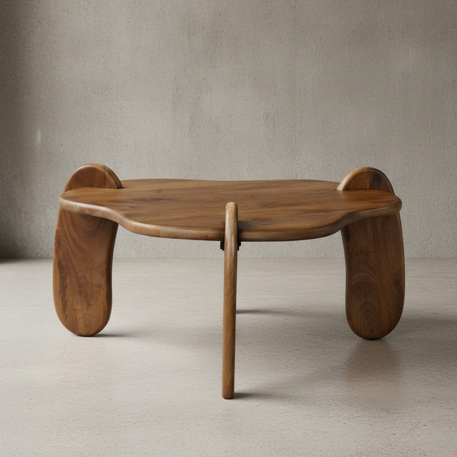 Couchtisch 78x78x39-5 cm Mango Massivholz Walnussfarben Sofatisch Niedrig - Dreibein Wohnzimmertisch Organisch - Design Kaffeetisch Wohnzimmer Modern mit natürlicher Holzmaserung_
