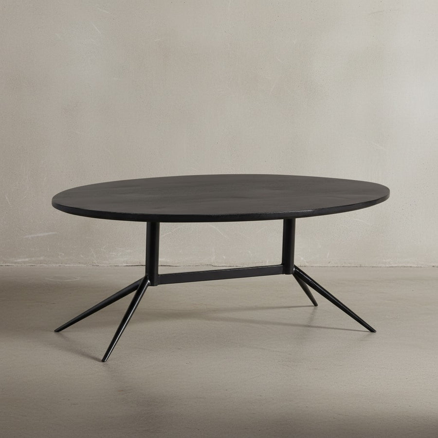 Couchtisch 90x50x35 cm Mango Massivholz Metall Schwarz Sofatisch Oval - Design Wohnzimmertisch mit natürlicher Holzmaserung - Kaffeetisch Wohnzimmer Modern_