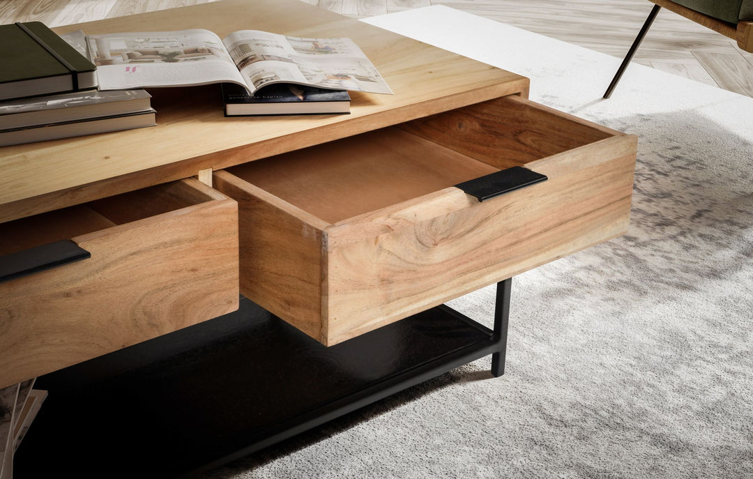 Couchtisch 90x50x40 cm Akazie Massivholz Metall Sofatisch Rechteckig - Wohnzimmertisch Kaffeetisch Massiv mit Schubladen - Tisch Wohnzimmer Modern Stauraum_