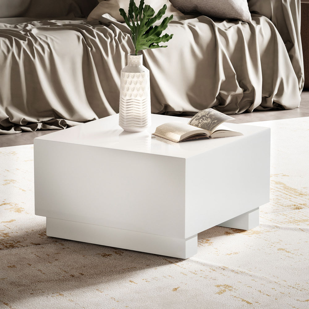 Couchtisch MONOBLOC 60x60x35 cm Weiß Hochglanz - Wohnzimmertisch Cube Quadratisch - Design Sofatisch - Lounge Kaffeetisch Würfel-Form_