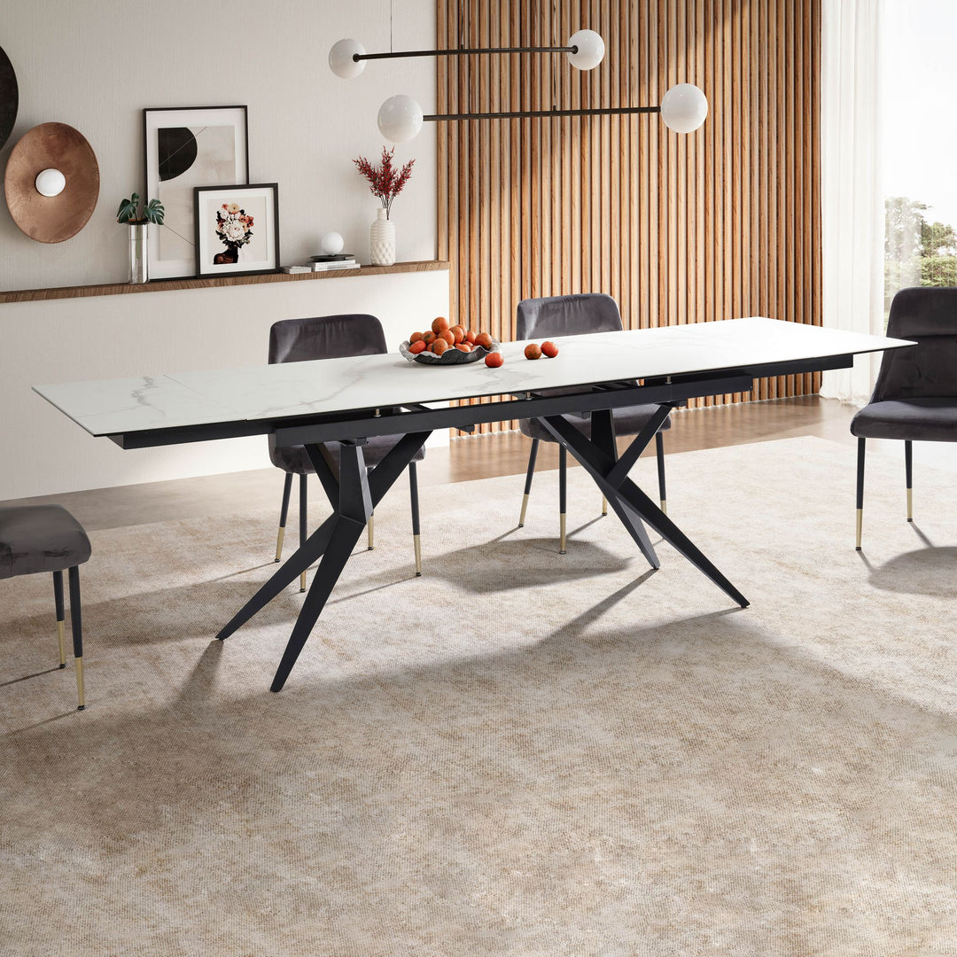 Esszimmertisch 180  - 260 cm Ausziehbar Keramik Glas  - Keramiktisch Marmor-Optik Groß - Designer Küchentisch Rechteckig - Esstisch Extravagant mit Metallbeinen_