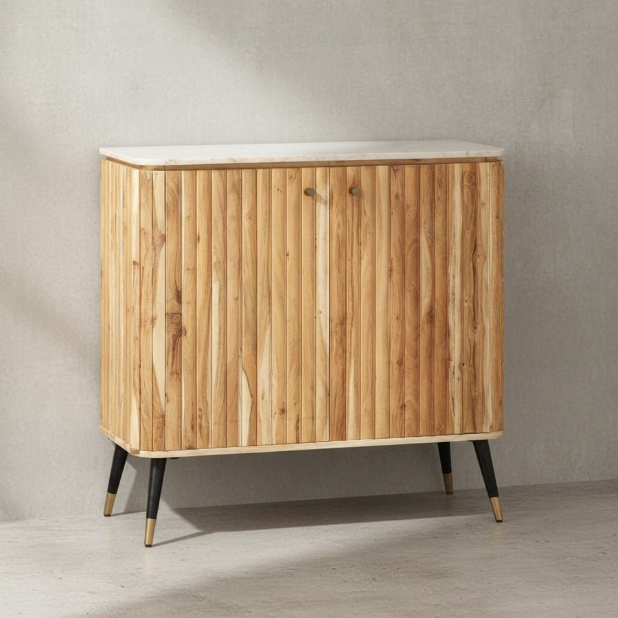 Hausbar Akazie Massivholz 95x90x41 cm Weinbar Echter Marmor - Kleine Bar Modern - Barschrank mit Türen und Weinregal - Spirituosenschrank mit Aufbewahrung für Flaschen und Gläser_
