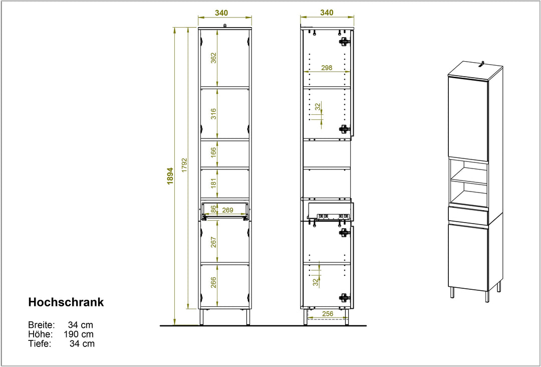 Hochschrank mit einstellbaren Fächern und Schublade_ 34x34x190_ in Weiß und Grandson-Eiche_ mit Chromfüßen_ verstellbare Böden_ VEER-Serie von Kadima Design_Größe_ 34x34x190 cm_