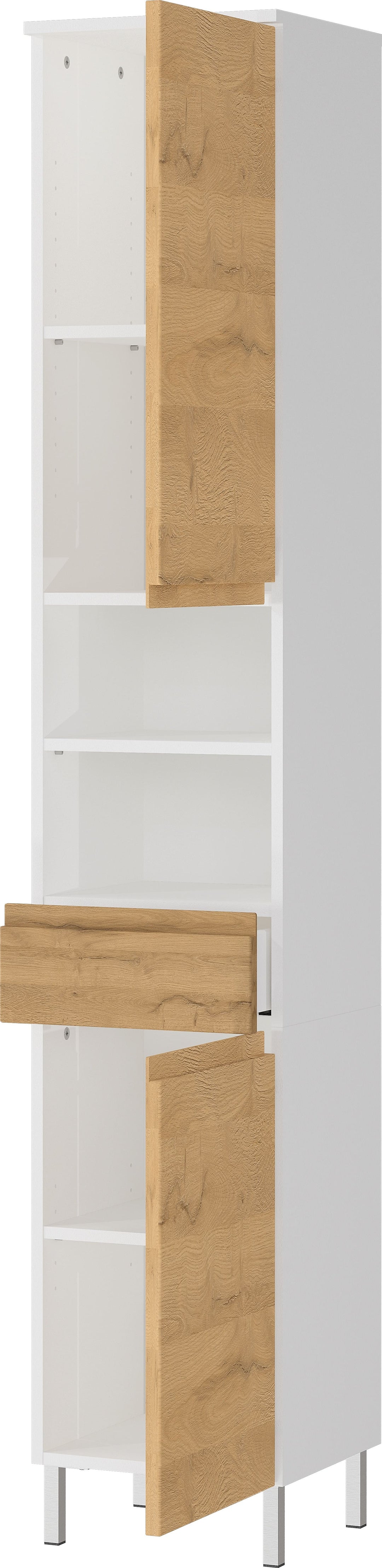 Hochschrank mit einstellbaren Fächern und Schublade_ 34x34x190_ in Weiß und Grandson-Eiche_ mit Chromfüßen_ verstellbare Böden_ VEER-Serie von Kadima Design_Größe_ 34x34x190 cm_