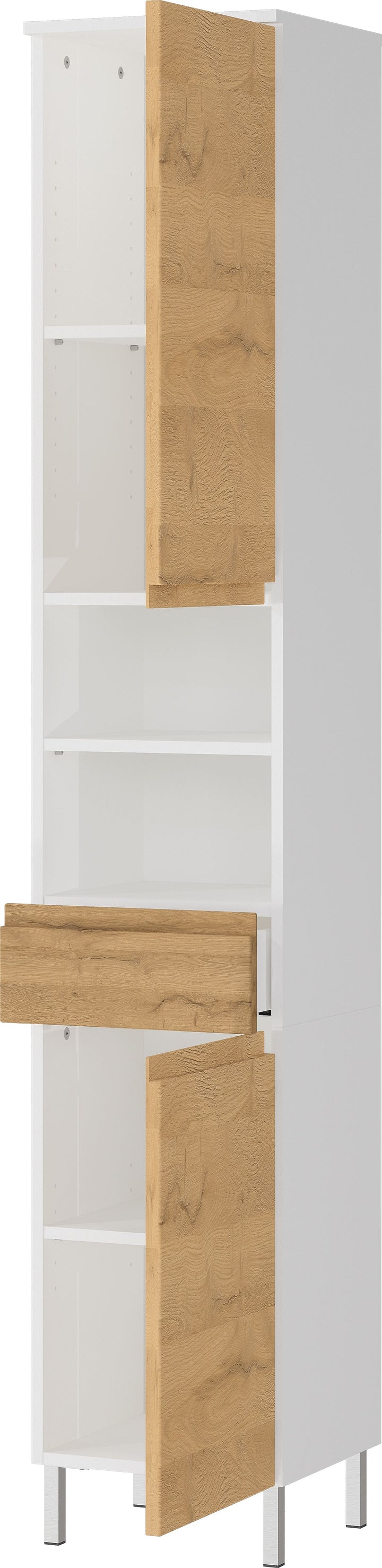 Hochschrank mit einstellbaren Fächern und Schublade_ 34x34x190_ in Weiß und Grandson-Eiche_ mit Chromfüßen_ verstellbare Böden_ VEER-Serie von Kadima Design_Größe_ 34x34x190 cm_