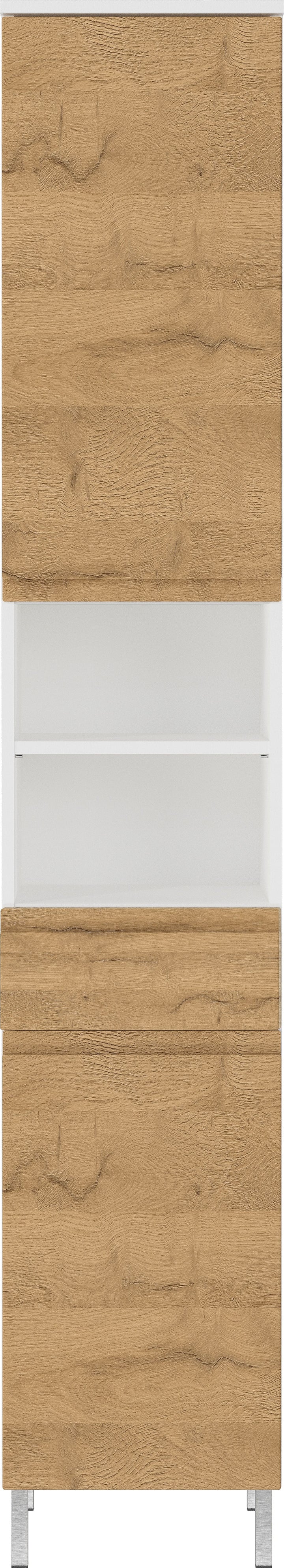 Hochschrank mit einstellbaren Fächern und Schublade_ 34x34x190_ in Weiß und Grandson-Eiche_ mit Chromfüßen_ verstellbare Böden_ VEER-Serie von Kadima Design_Größe_ 34x34x190 cm_