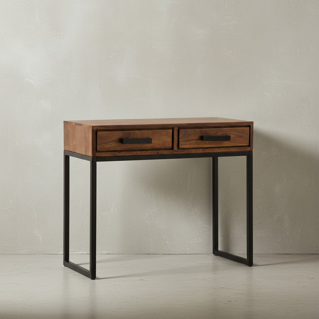 Massiver Sheeshamholz Konsolentisch mit schwarzen Metallbeinen_ Industrial Style_ geräumige Schubladen - KADIMA DESIGN_Größe_ 90x36x77 cm_