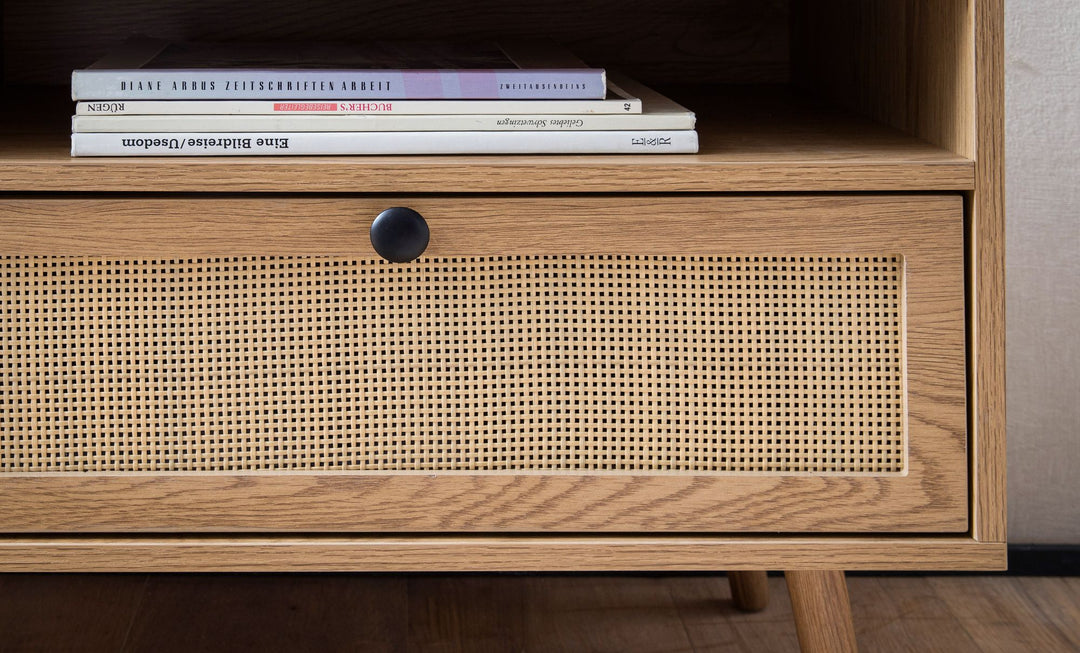 Lowboard 120x56x39 cm TV-Kommode mit Eiche-Dekor & Rattan - Design TV-Schrank Hoch mit Schubladen - Fernsehtisch Fernsehschrank Stauraum - Fernsehkommode Wohnzimmer_