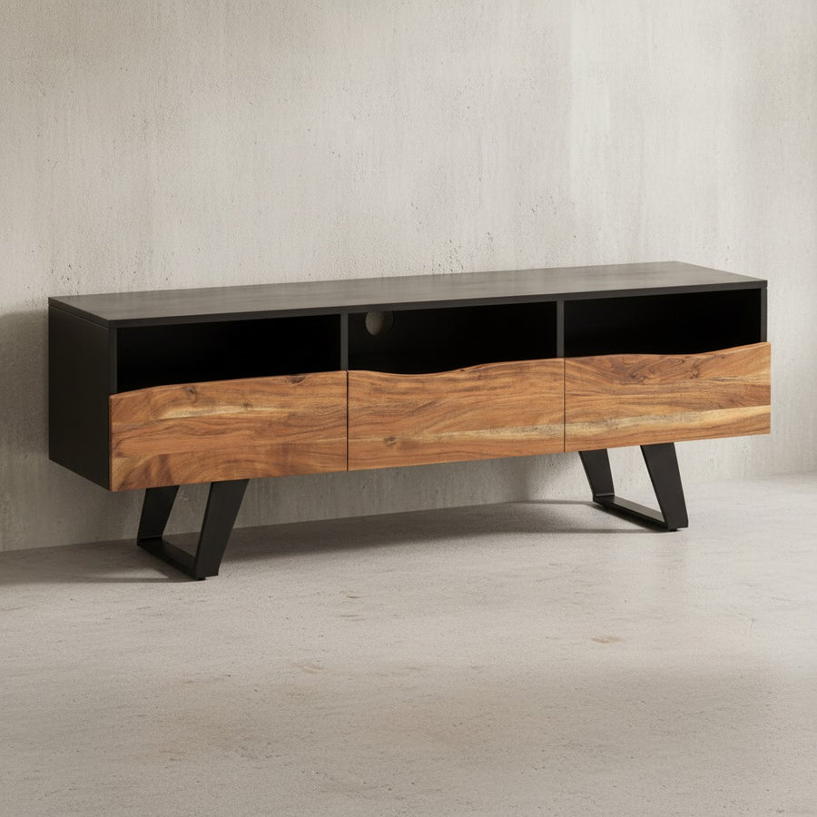 Lowboard Akazie Massivholz 140x50x40 cm Baumkante TV-Kommode Schwarz - Design TV-Schrank Hoch mit Schublade - Fernsehtisch Fernsehschrank Modern mit Türen - Fernsehkommode Wohnzimmer_