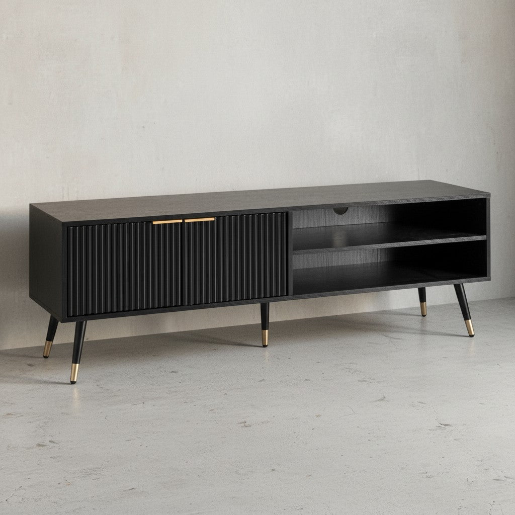 Lowboard Schwarz mit Eiche-Dekor 150x51x39 cm TV-Kommode Modern - Design TV-Schrank Hoch - Fernsehtisch Fernsehschrank mit Türen & Ablagefächern - Fernsehkommode Wohnzimmer_