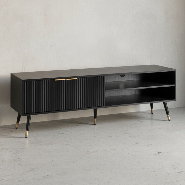 Lowboard Schwarz mit Eiche-Dekor 150x51x39 cm TV-Kommode Modern - Design TV-Schrank Hoch - Fernsehtisch Fernsehschrank mit Türen & Ablagefächern - Fernsehkommode Wohnzimmer_
