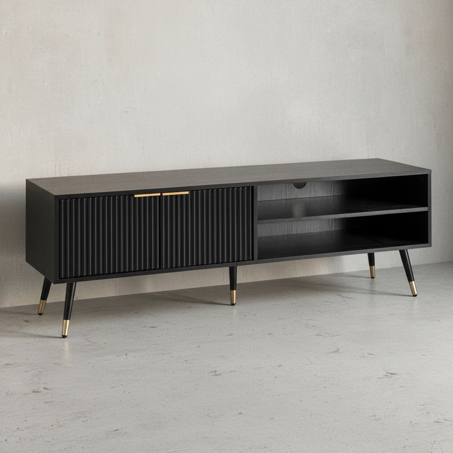 Lowboard Schwarz mit Eiche-Dekor 150x51x39 cm TV-Kommode Modern - Design TV-Schrank Hoch - Fernsehtisch Fernsehschrank mit Türen & Ablagefächern - Fernsehkommode Wohnzimmer_