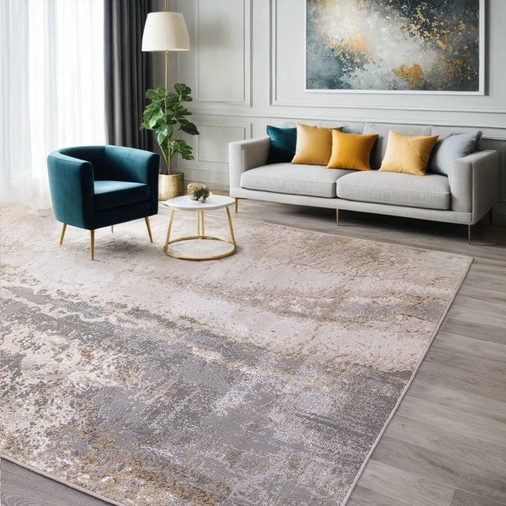 Moderner Teppich - Abstraktes Marmormuster - 120x170cm - Flachflor - Grau-Silber-Gold - rutschfest - für Wohn - und Essbereiche - Kadima Design_