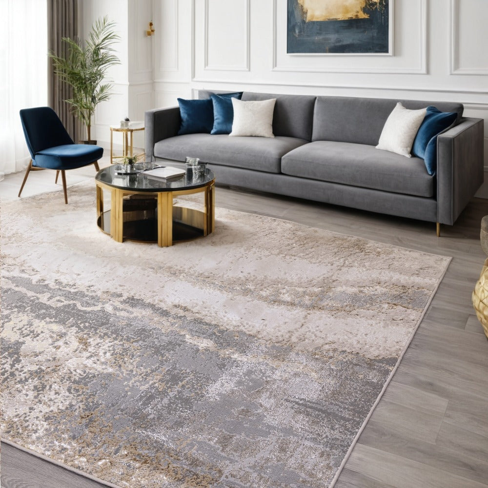 Wohnzimmerdeko - Marmor-Look Teppich - 120x170cm - Grau-Silber-Gold - Flachflor - stilvoller Blickfang - pflegeleicht - Kadima Design_