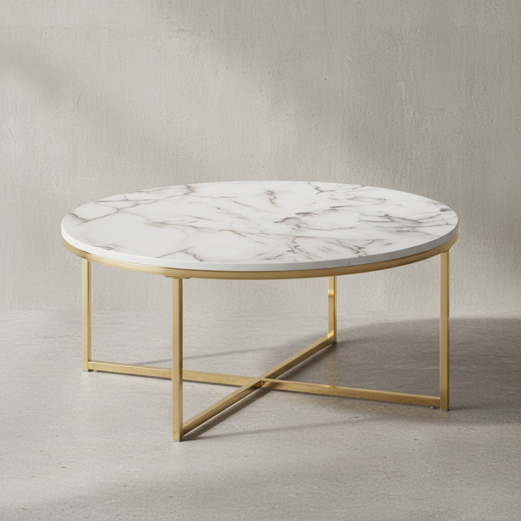 Stylischer Runder Sofatisch_ Marmor-Optik_ Goldfarbenes Gestell_ 80 cm - KADIMA DESIGN_Farbe_ Weiß_ Größe_ 80x80x35 cm_