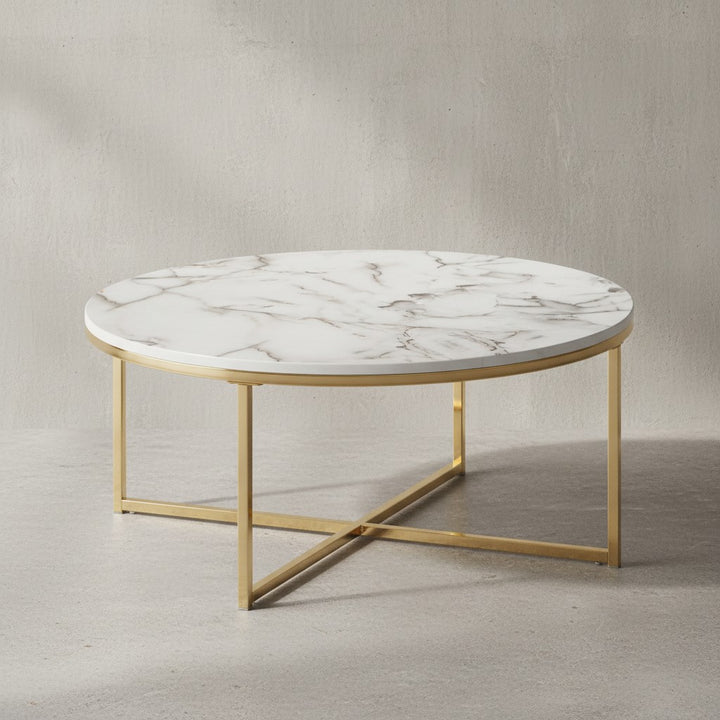 Stylischer Runder Sofatisch_ Marmor-Optik_ Goldfarbenes Gestell_ 80 cm - KADIMA DESIGN_Farbe_ Weiß_ Größe_ 80x80x35 cm_