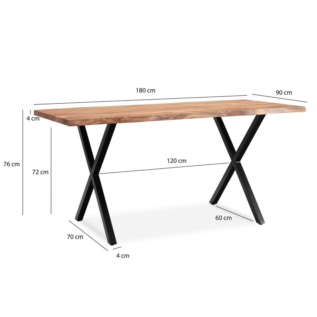 Großer Esstisch - 180x90 cm Akazienholz massiv - Baumkante - X-Metallgestell schwarz von Kadima Design_