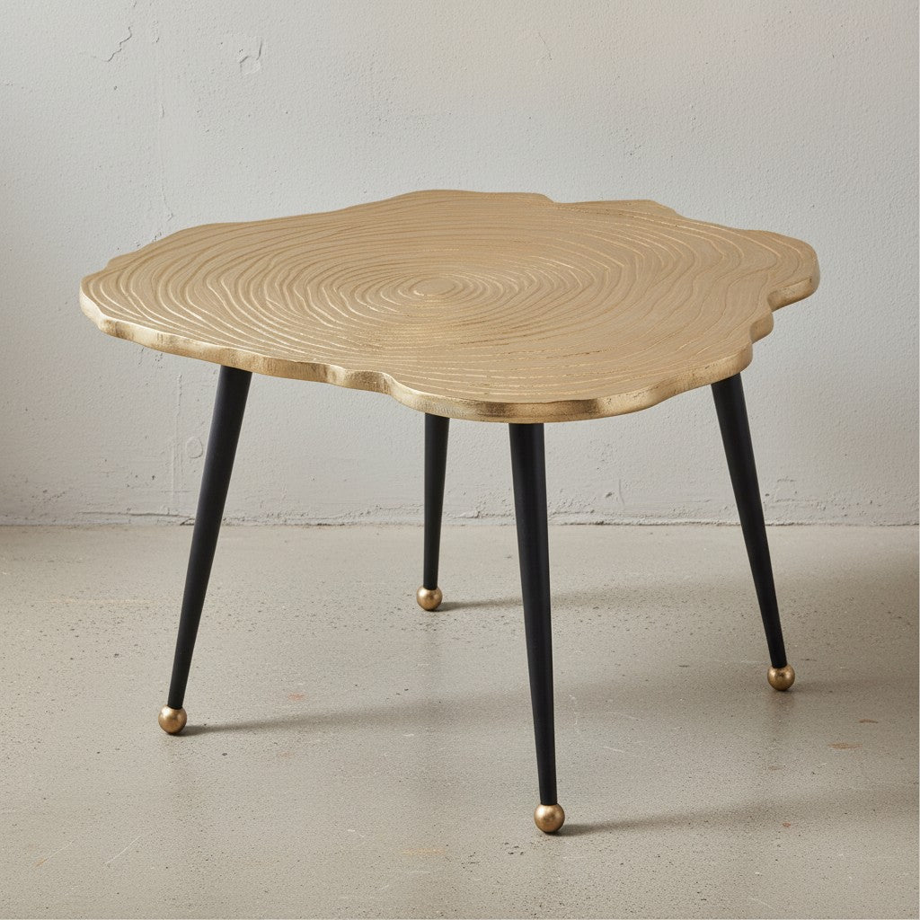 Moderner Couchtisch - Schwarz/Gold_ Baumscheiben-Look aus Aluminium - KADIMA DESIGN_Größe_ 64x64x37 cm_