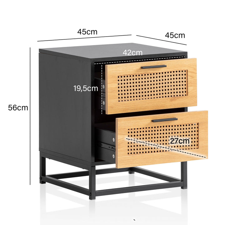Nachtkonsole Schwarz mit Wiener Geflecht 45x45x56 cm Nachttisch Zeitlos - Nachtkommode Boxspringbett mit Schubladen - Nachtkästchen mit Stauraum_