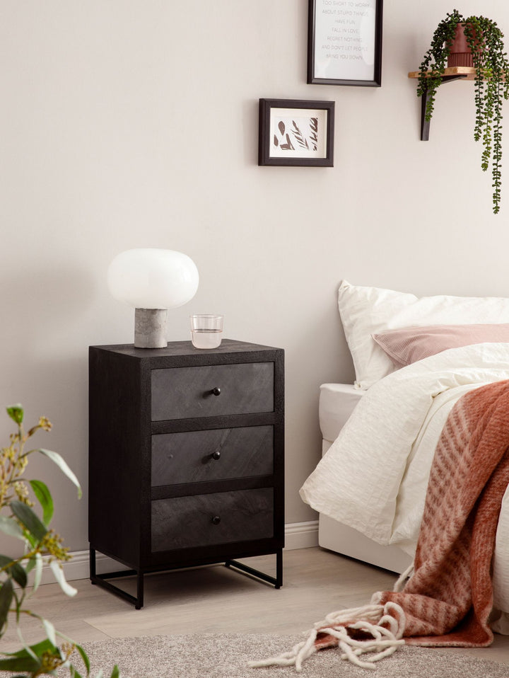 Nachttisch Mango Massivholz / Steinoptik 40x60x30 cm Nachtschrank Boxspringbett - Design Nachtkonsole mit 3 Schubladen - Nachtkommode mit Stauraum & Metallgestell_