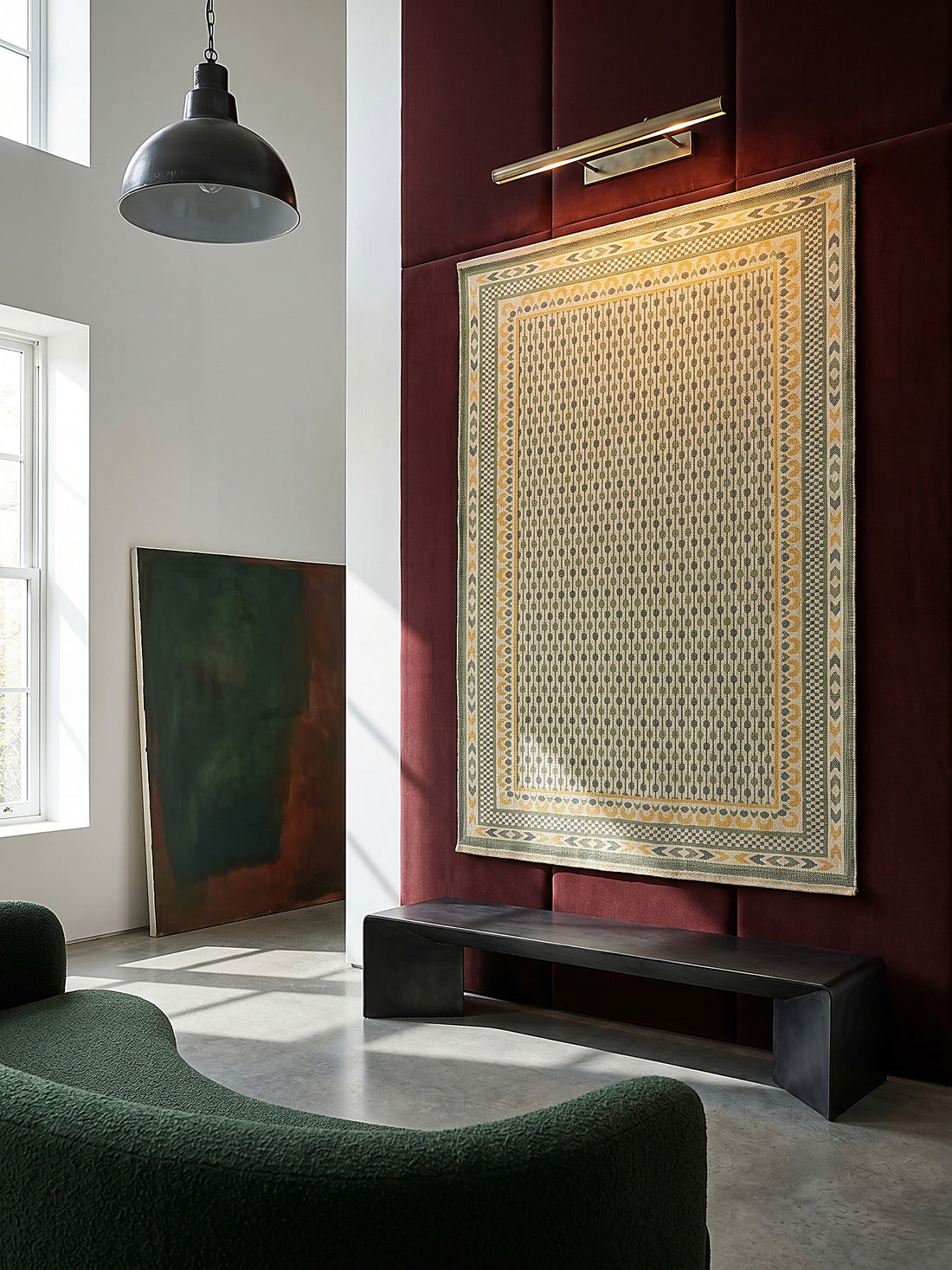 Teppich Grün-Gelb rechteckig als Wandteppich Wanddekoration Textilkunst Interior Design