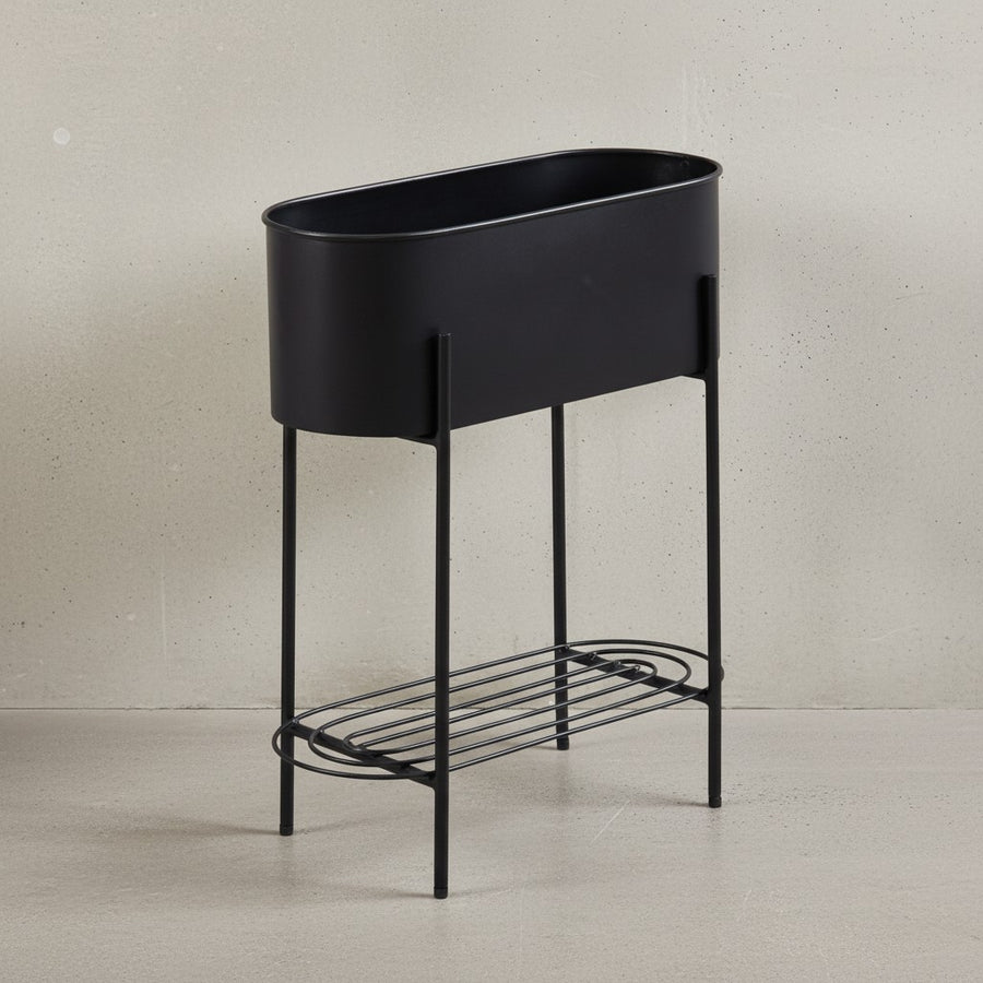Pflanzkübel Schwarz mit Gestell und Ablage_ Pflanzgefäß Metall_ 51x65x22 cm - KADIMA DESIGN_Größe_ 50x21x65 cm_